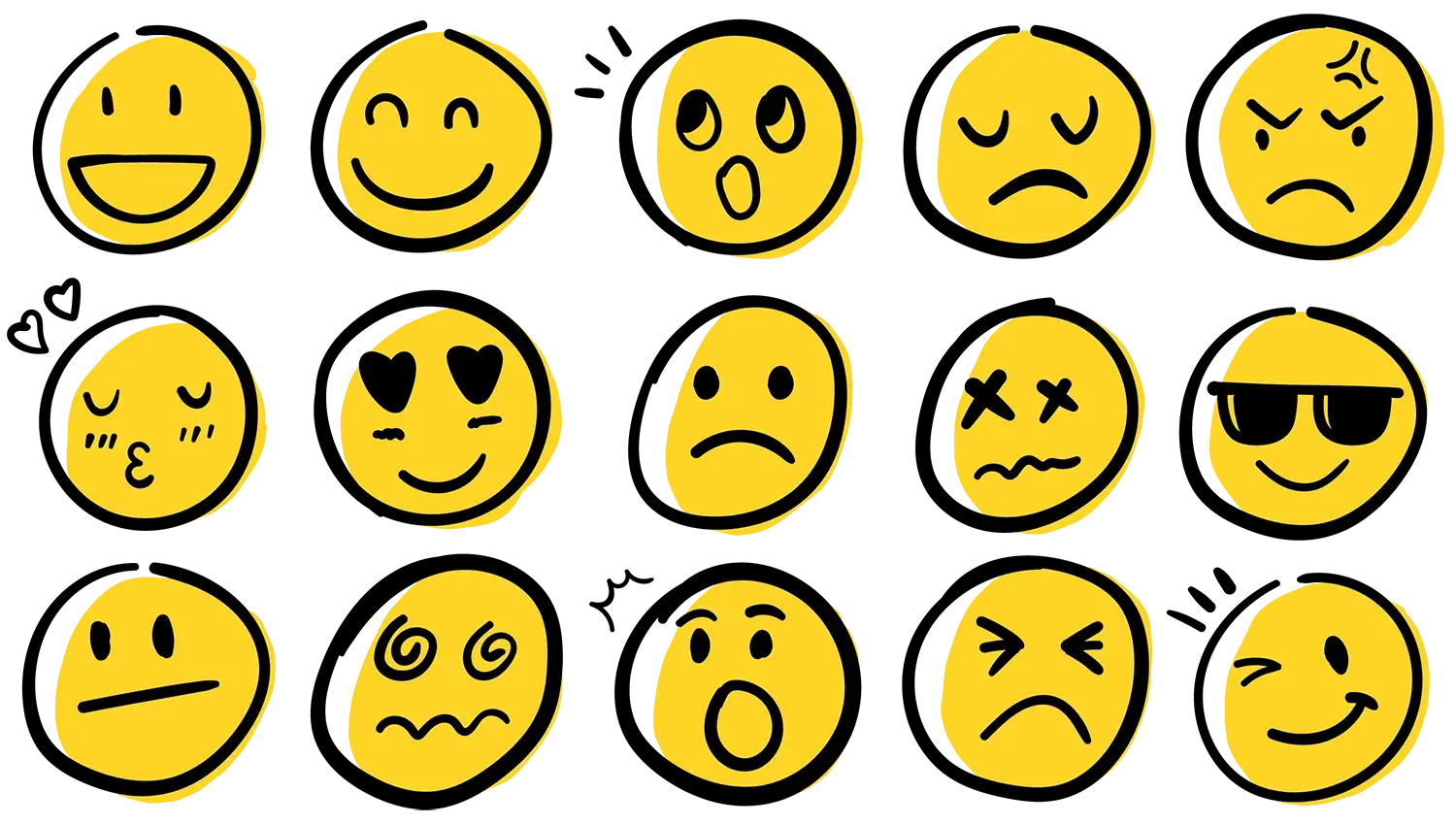 Gula emojis med olika uttryck.