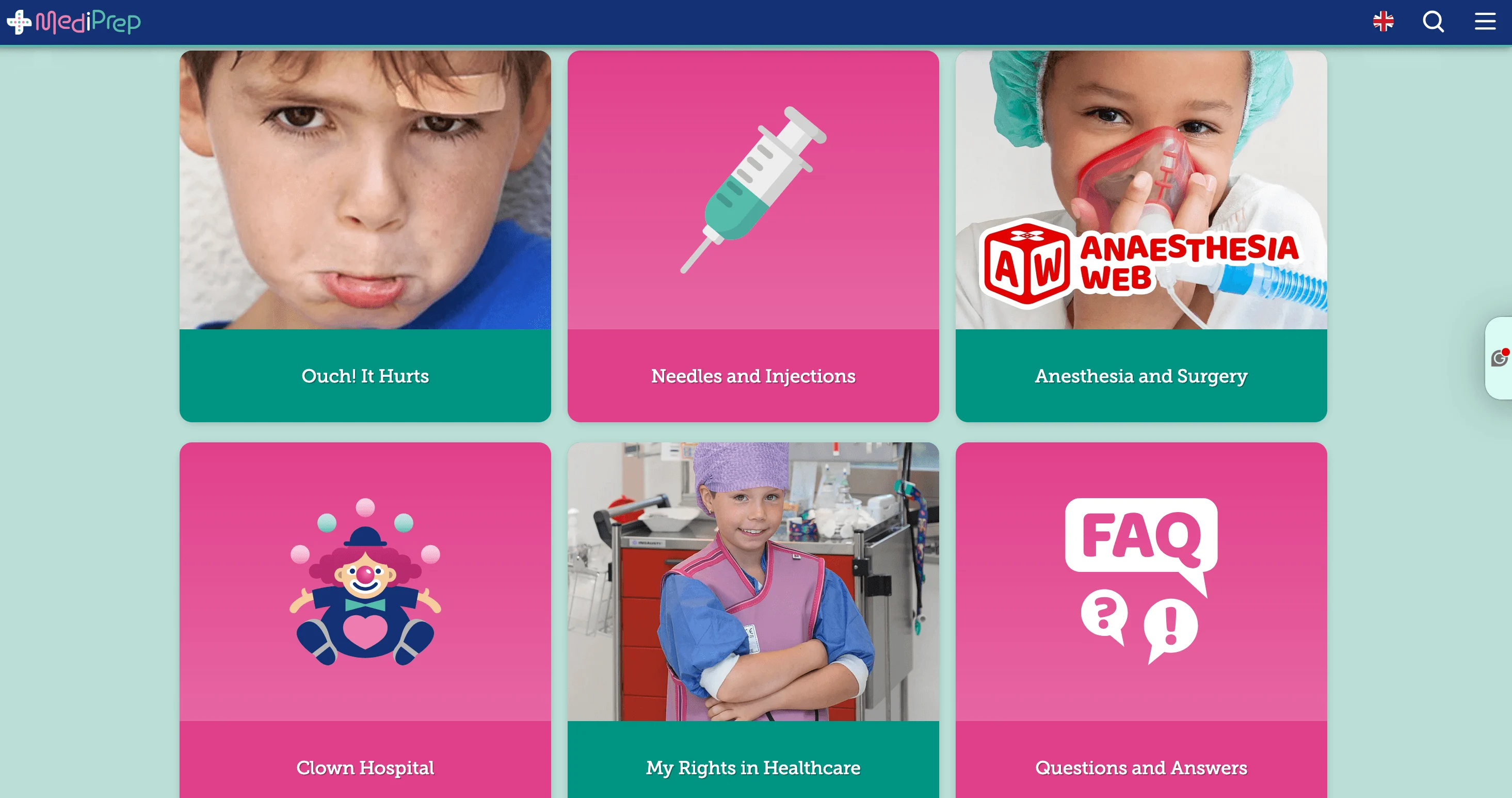 Skärmdump från startsidan på den engelska versionen av MediPrep.