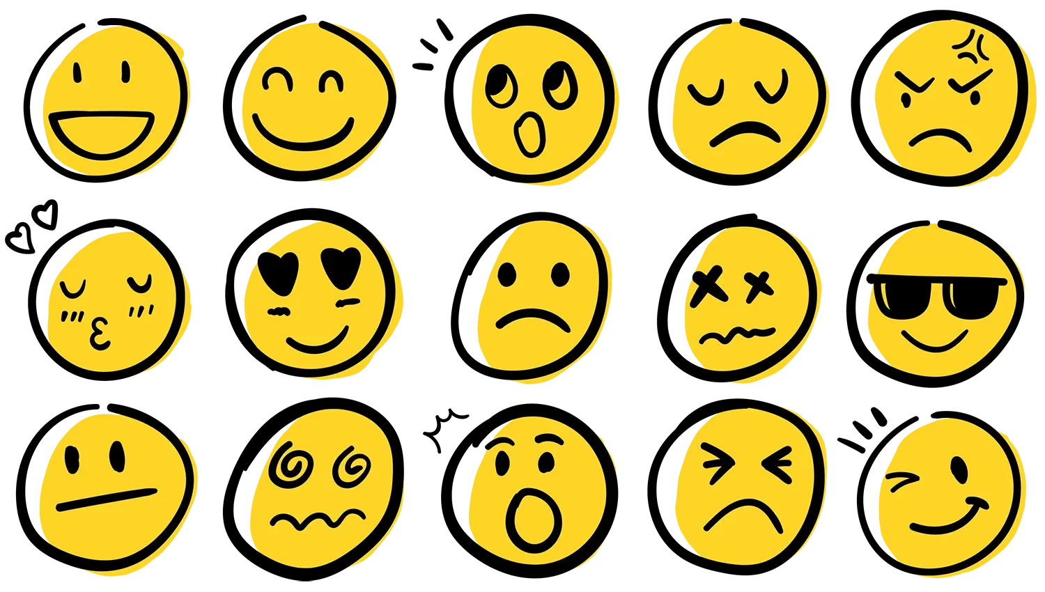Gula emojis med olika uttryck.