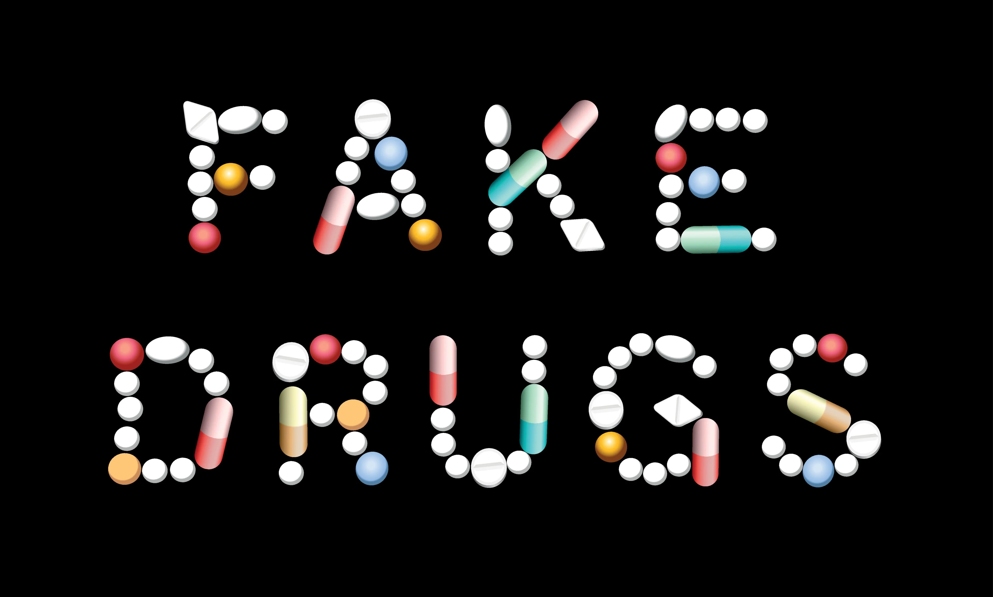 Bild med texten fake drugs på svart bakgrund.