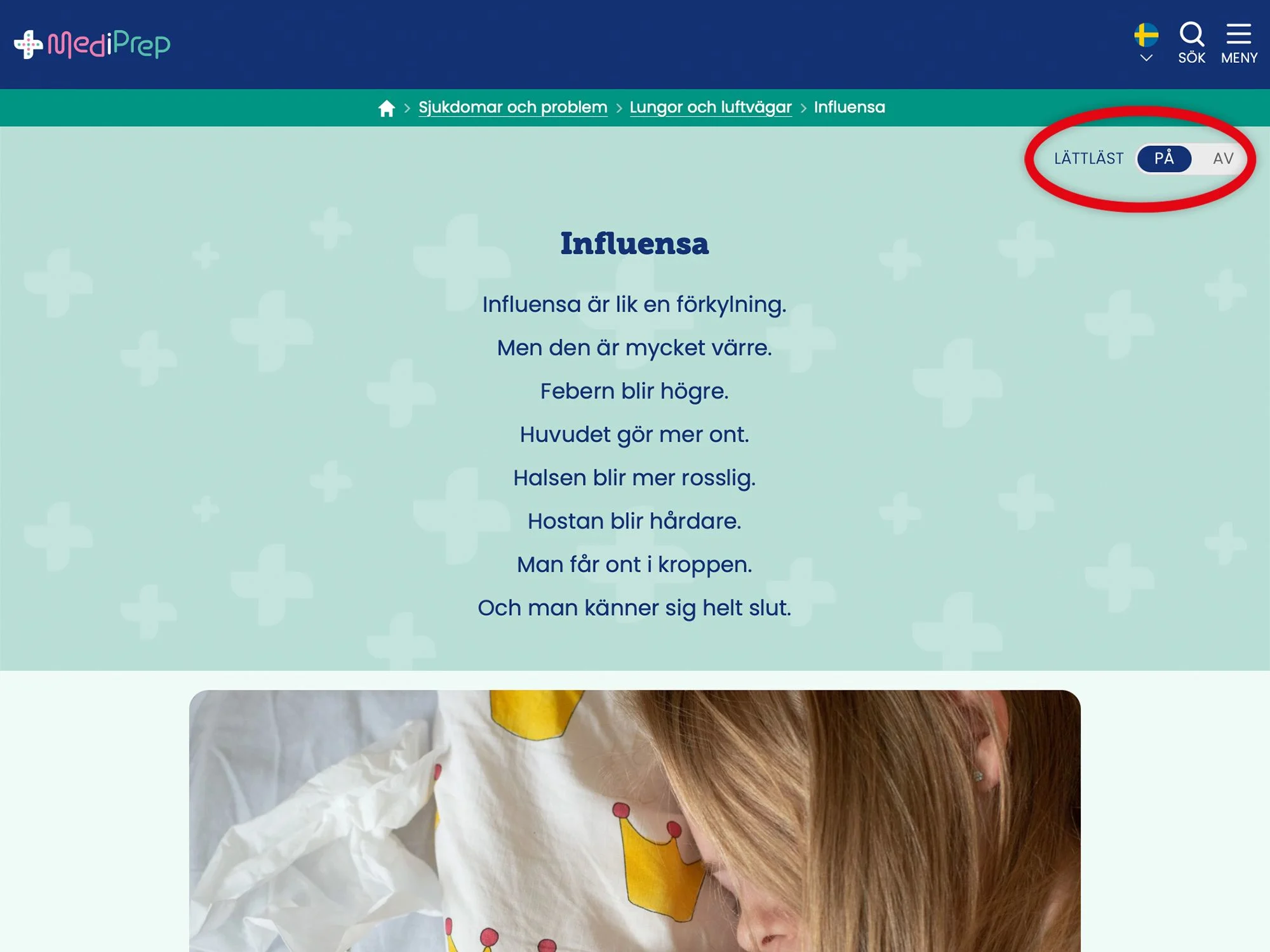 Skärmdump från en sida på MediPrep med lättläst text.