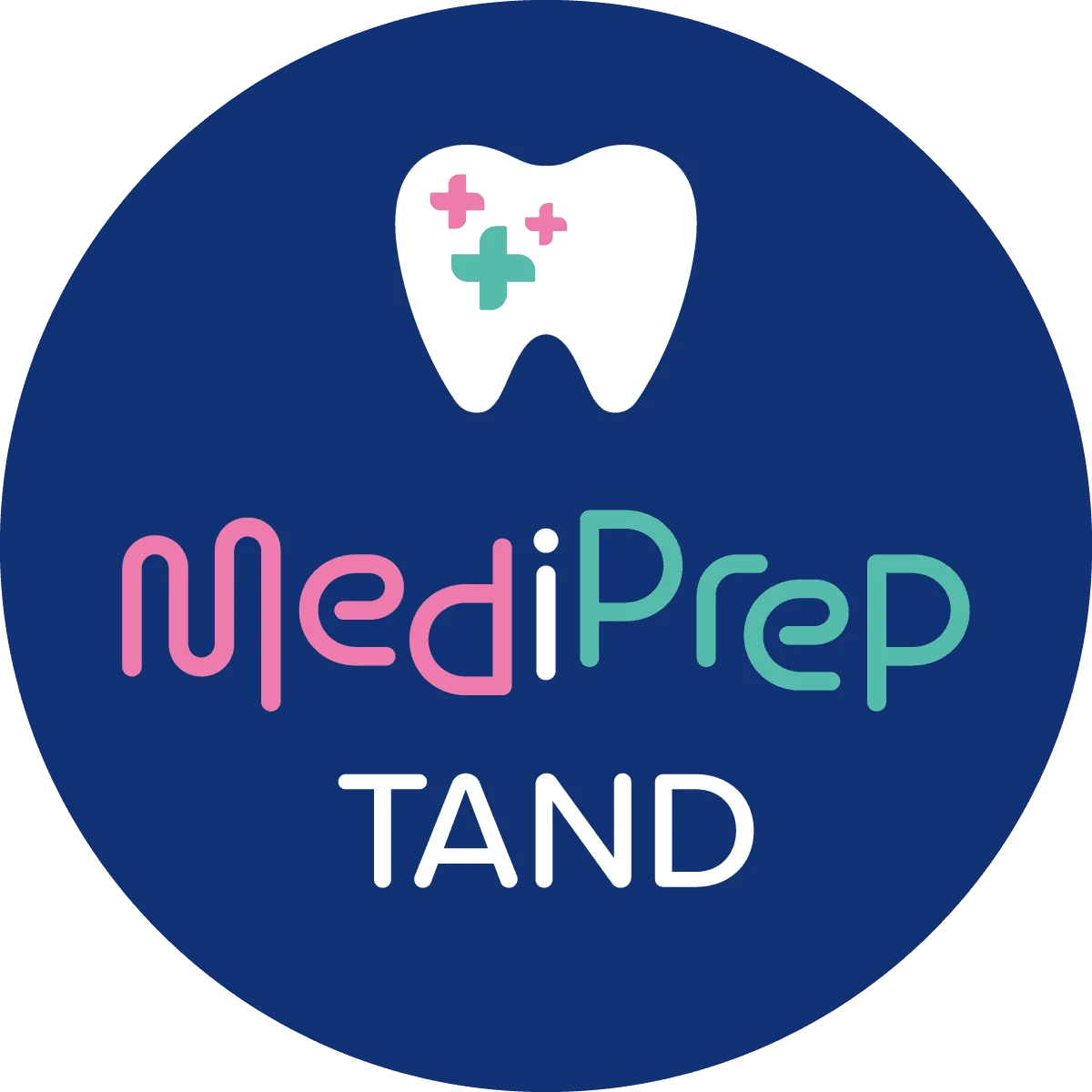 Logotype med texten MediPrep Tand mot en blå cirkelformad bakgrund.